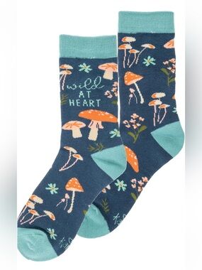 Karma Gifts Wild at Heart Mushroom Crew Socks - Navy & Aqua, OS, NWT